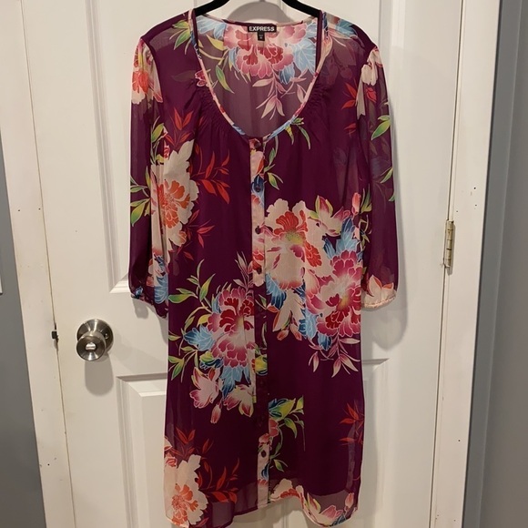 Express Floral Sheer Belted Button Down Shirt Dress EUC - Picture 3 of 10